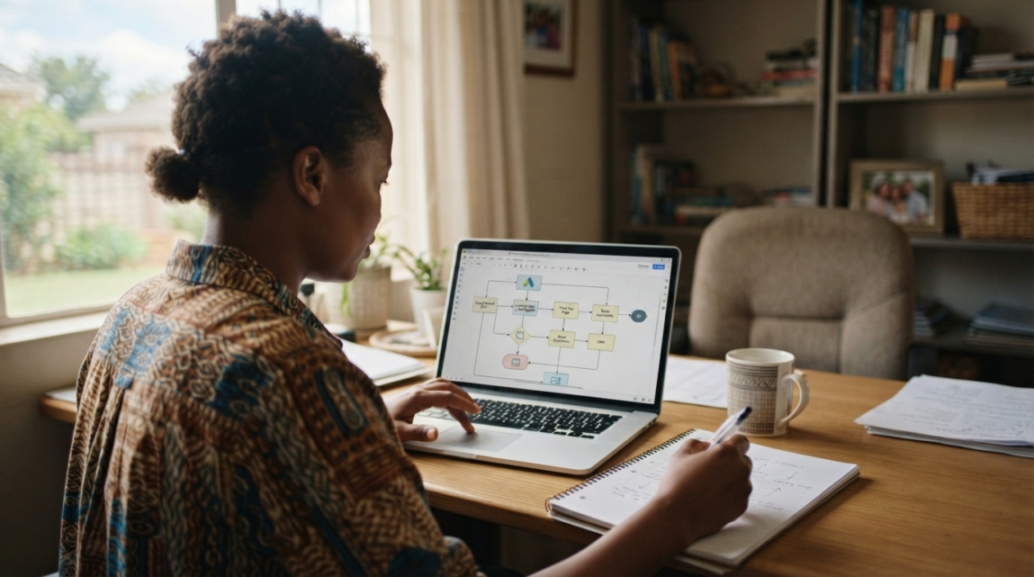 A Botswana business owner reviewing a digital flowchart on a laptop that illustrates Google Ads lead-generation stages.