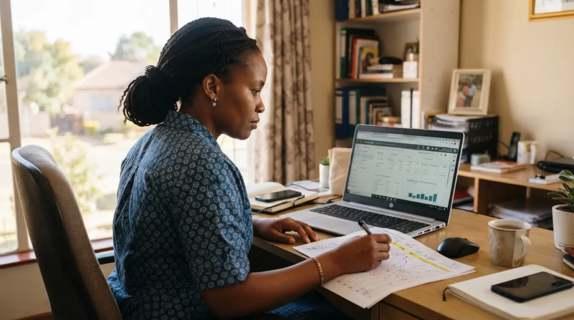 Business owner looking at Google Ads data on a laptop with notes and spreadsheet.