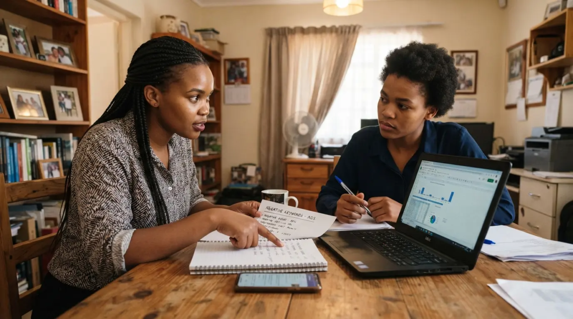 Two colleagues reviewing a list of negative keywords for an ad campaign with a laptop.