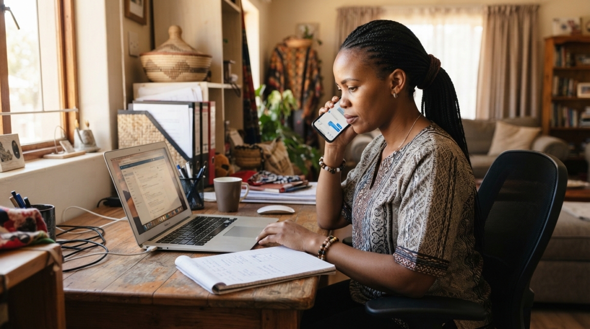 A Botswana businesswoman considering different enquiry channels like phone, WhatsApp, and website forms at her desk.