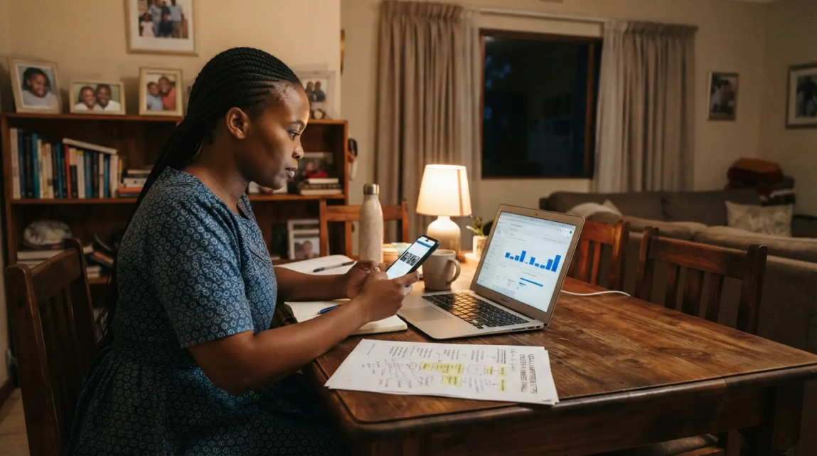 Business owner testing Google Ads conversion tracking with a smartphone and laptop.