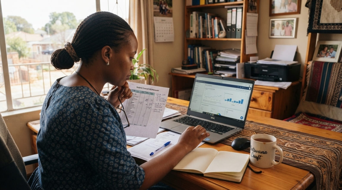 Botswana business owner comparing printed website build and ongoing cost documents at a desk.