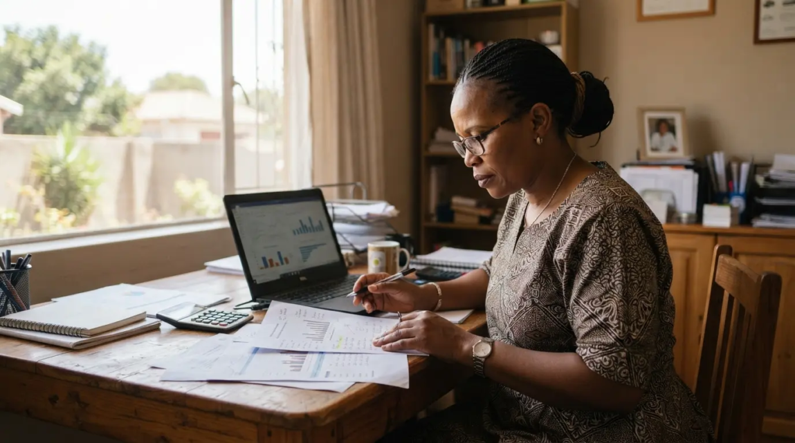 Botswana business owner at a desk reviewing printed reports and charts with a laptop showing indistinct graphs.