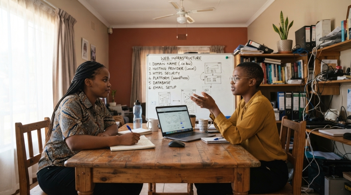 Two colleagues discussing website essentials like domain, hosting, and HTTPS in a small Botswana office.