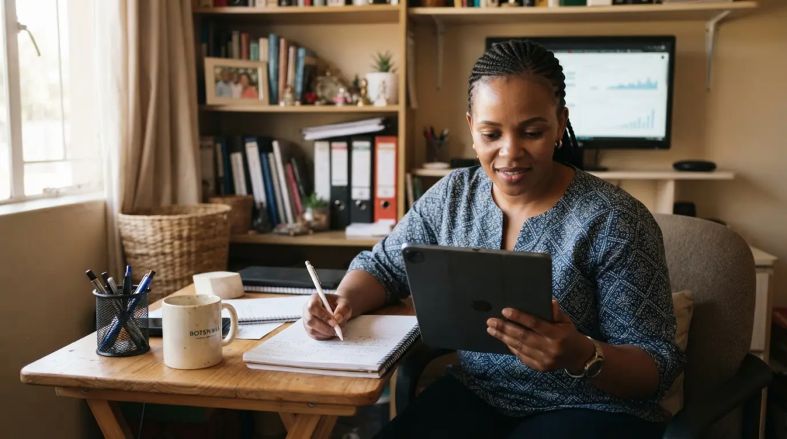 Botswana entrepreneur at a desk checking website health on a tablet with a monitor showing blurred technical data.