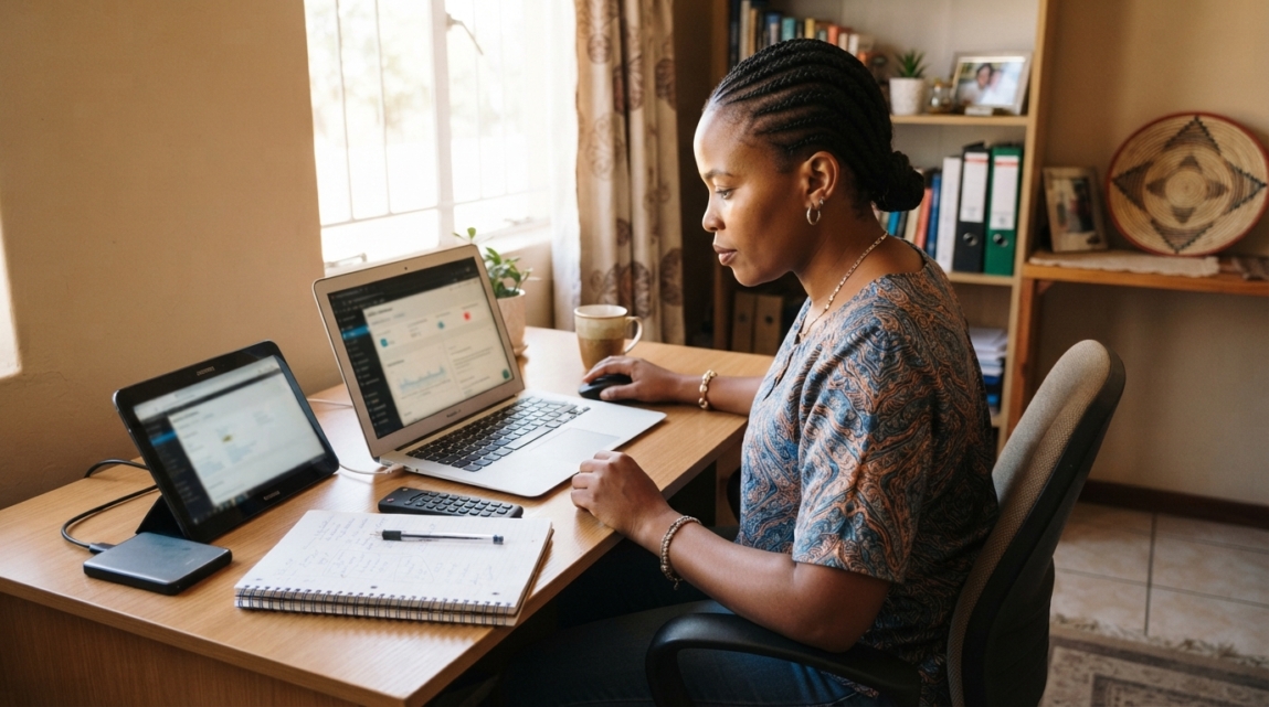 Business owner managing website updates and backups at a desk in a Botswana small office.
