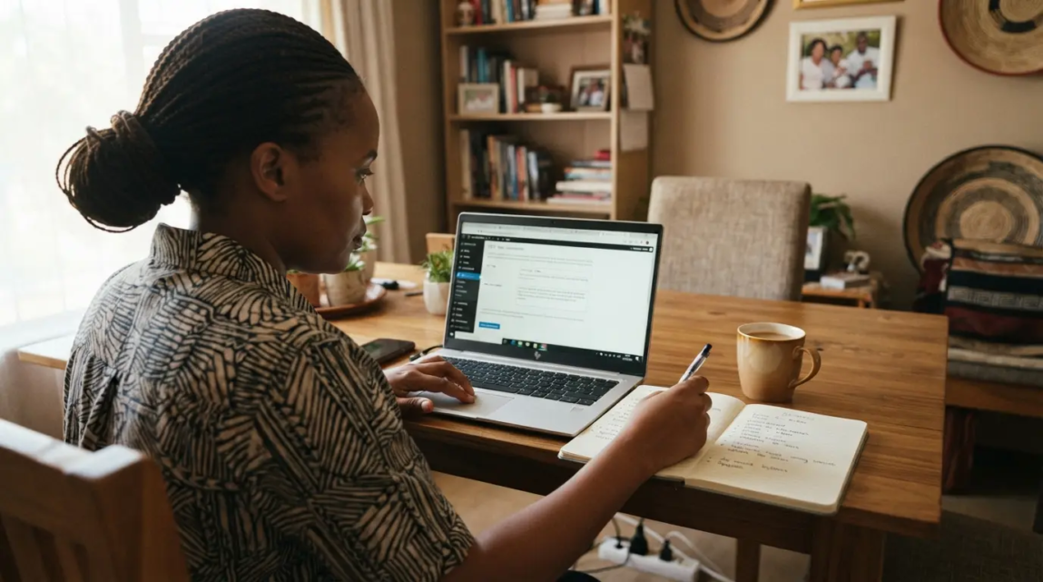 Over-the-shoulder view of a Botswana business owner working on a laptop, adjusting SEO elements with a notepad nearby.