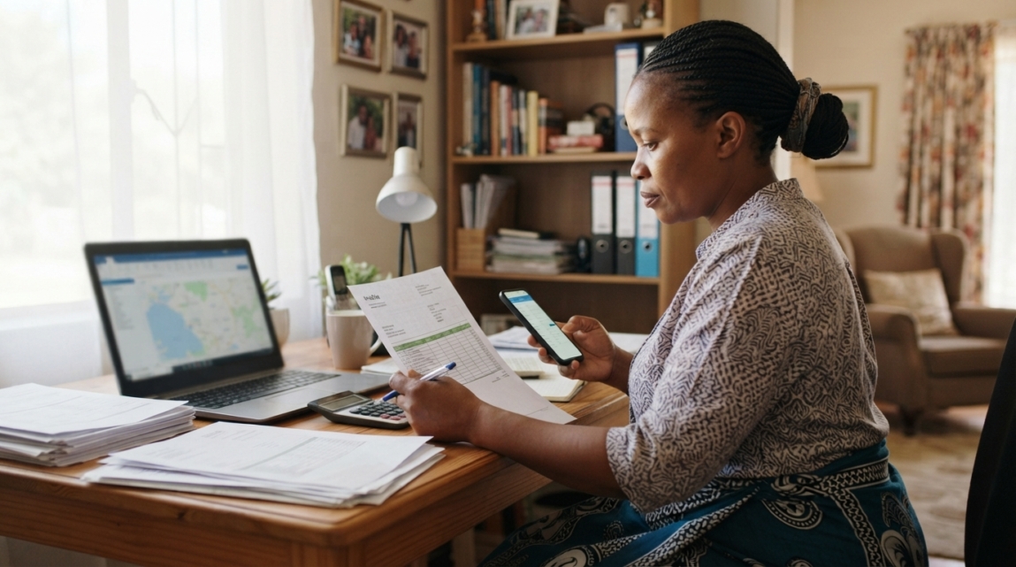 Business owner in Botswana auditing their Google Business Profile, reviewing paper documents and using a smartphone.
