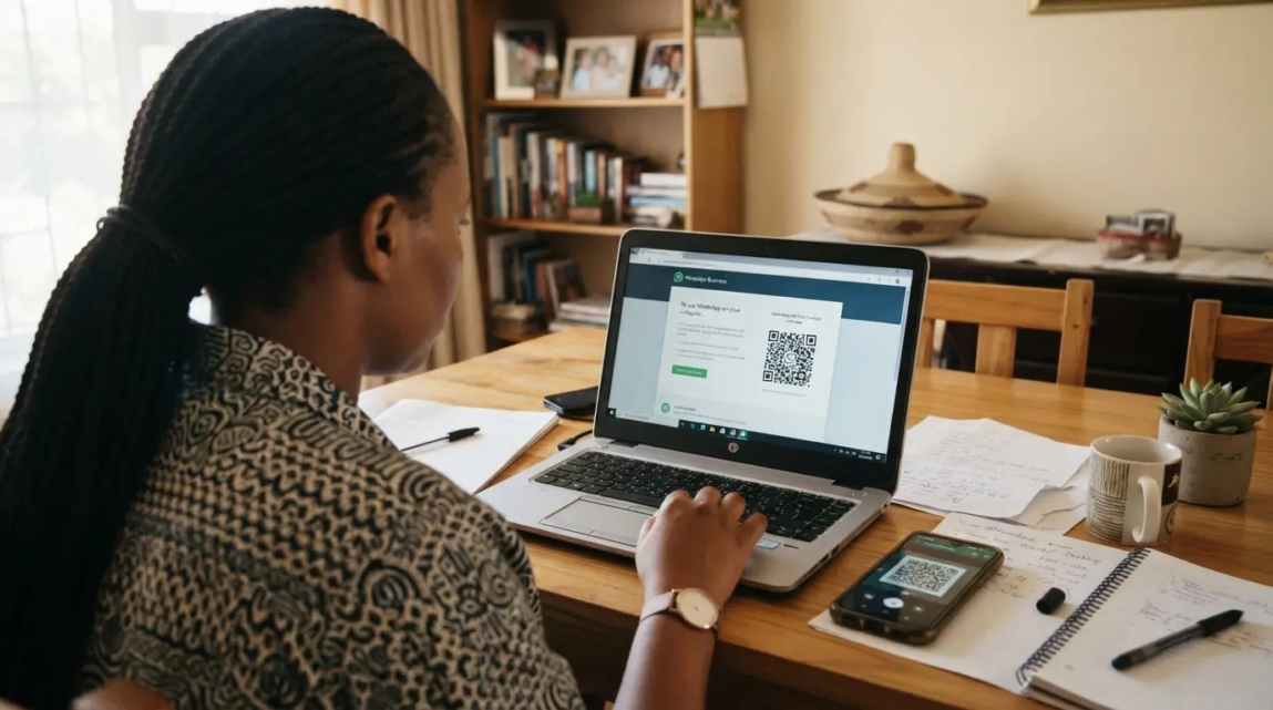 Botswana business owner setting up WhatsApp Business on a laptop in a small office.