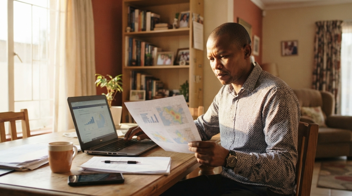 Botswana business owner enhancing their website's geographic signals, with laptop and document details.