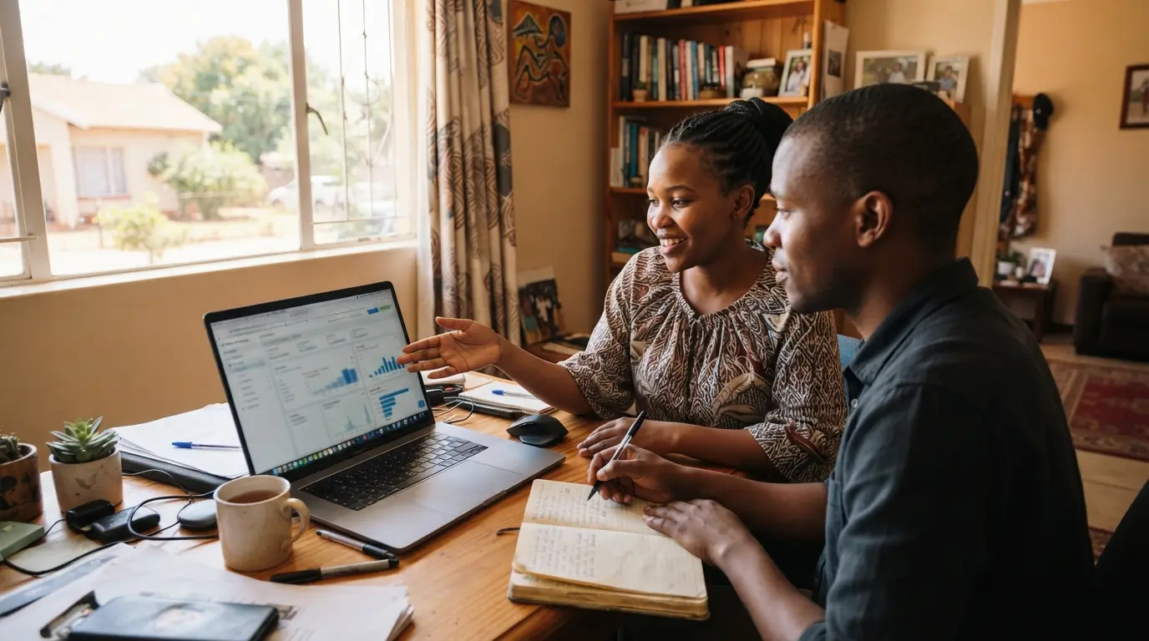 Two Botswana colleagues setting up an ad campaign in Meta Ads Manager on a laptop.