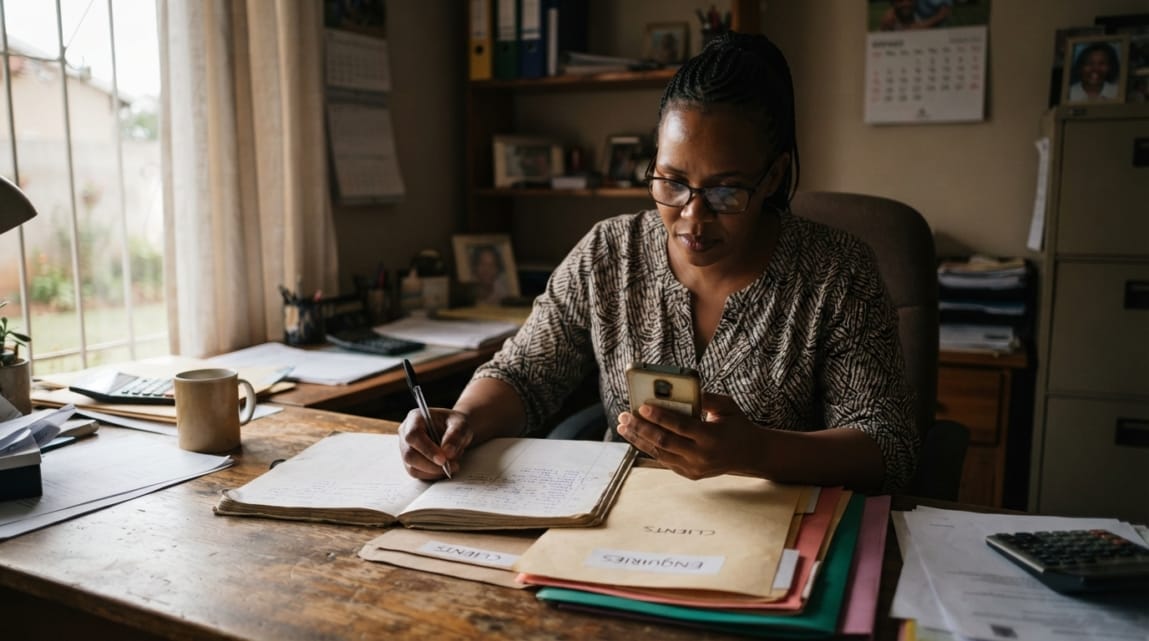 Botswana business owner reviewing follow-up notes on a smartphone with a notebook on a desk.