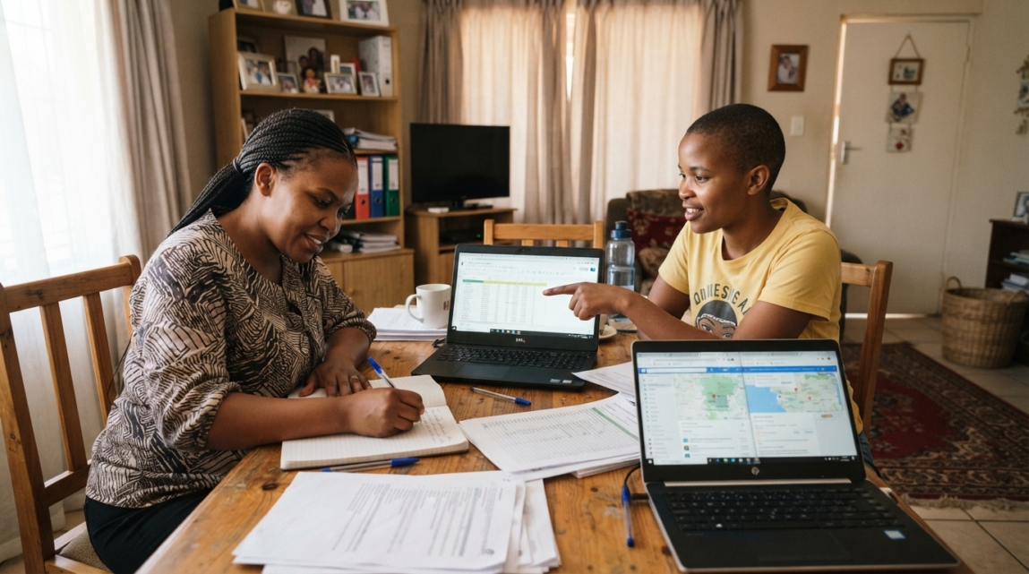 Team in Botswana working on ensuring citation consistency across directories, using laptops and documents.