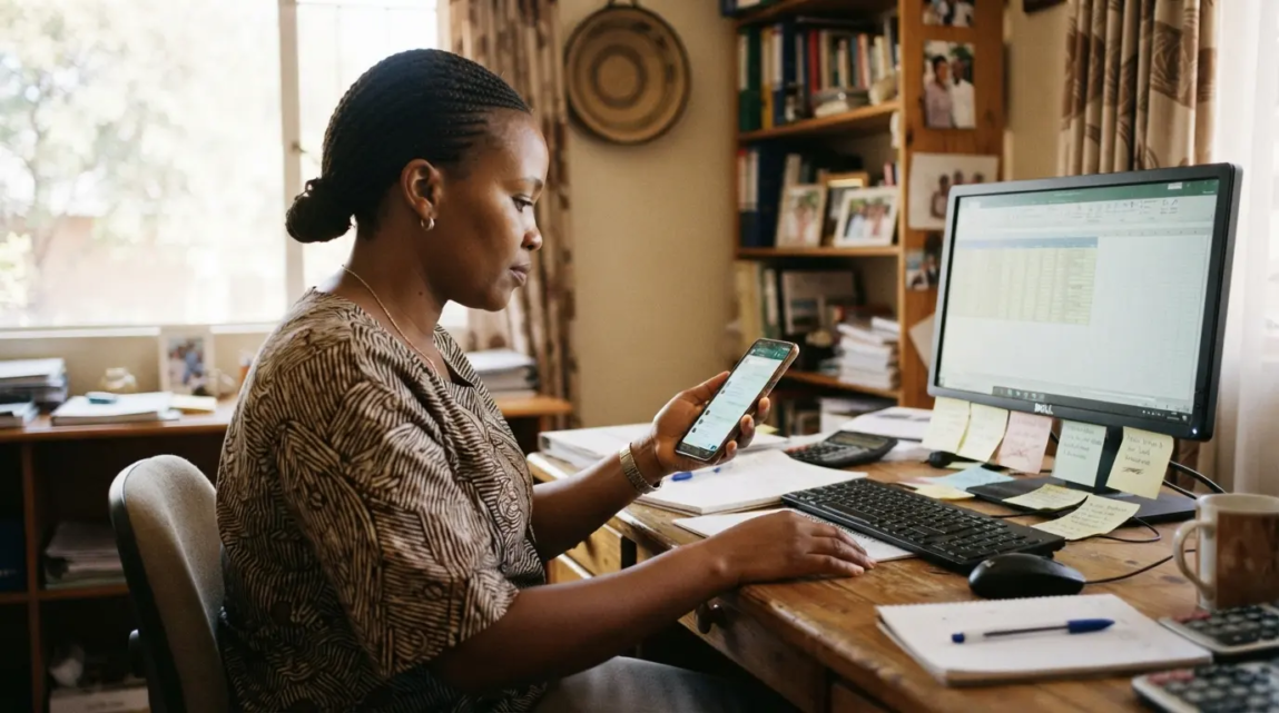 Botswana business owner tracking WhatsApp leads on a smartphone and computer.