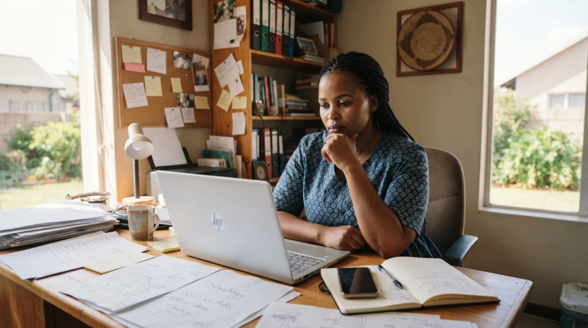 Business owner in Botswana contemplating decision between SEO and Google Ads with notes and laptop in a focused environment.