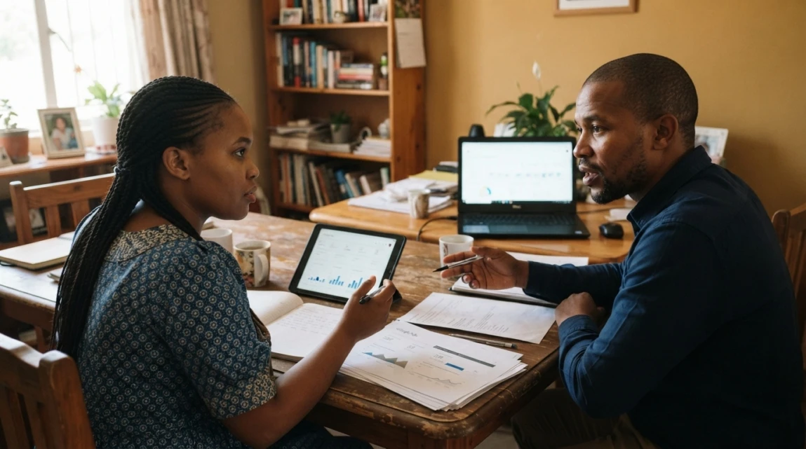 Two colleagues in Botswana reviewing Google Ads campaign results in a focused business meeting.