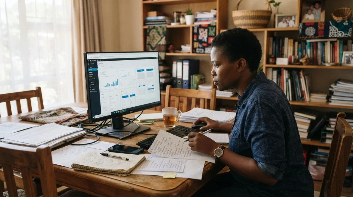 Botswana business owner conducting a website audit for SEO improvements with notes and a computer.