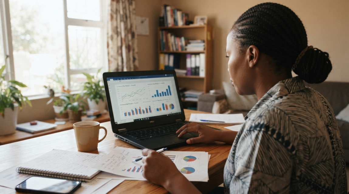 Botswana business owner reviewing conversion data on a laptop with printed charts on desk.