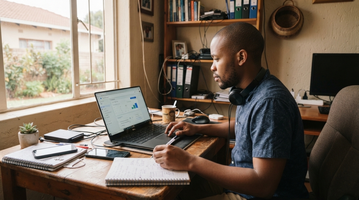 Web developer configuring Google Tag Manager on laptop in Botswana office.