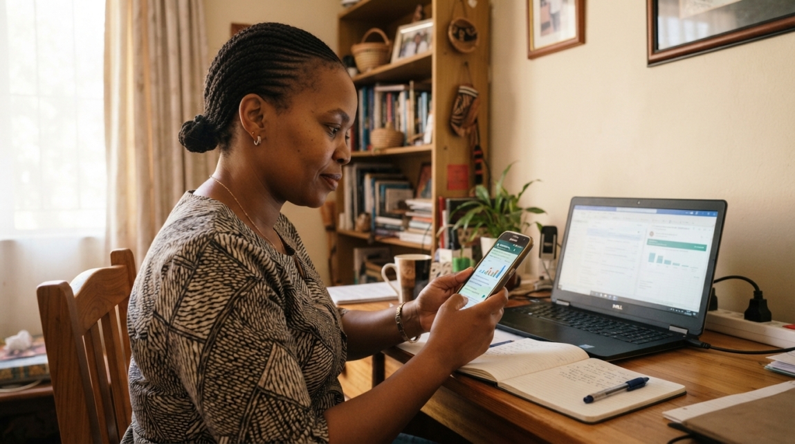 Small business owner in Botswana reviewing WhatsApp click reports on smartphone.