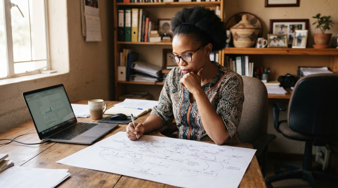 Business owner in Botswana examining a decision tree on a desk to understand SEO visibility issues.