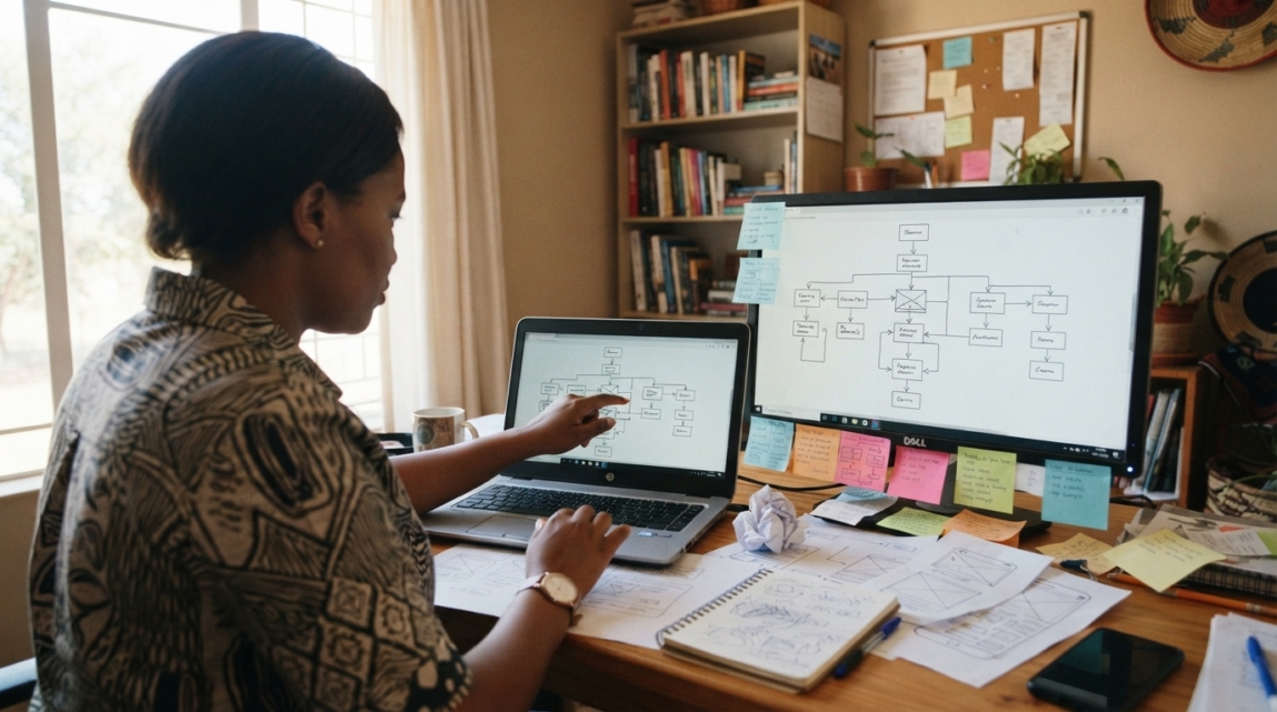 Person in Botswana organizing a website's internal link structure using a flowchart on a screen.