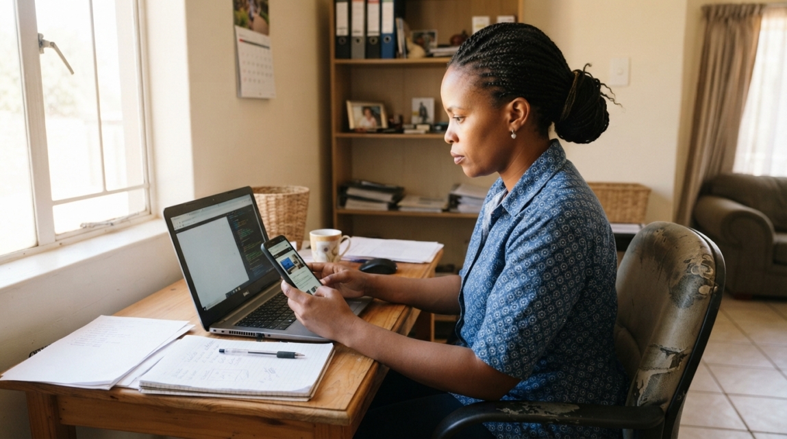 Business owner in Botswana evaluating a website's mobile usability and page speed using a smartphone and laptop.