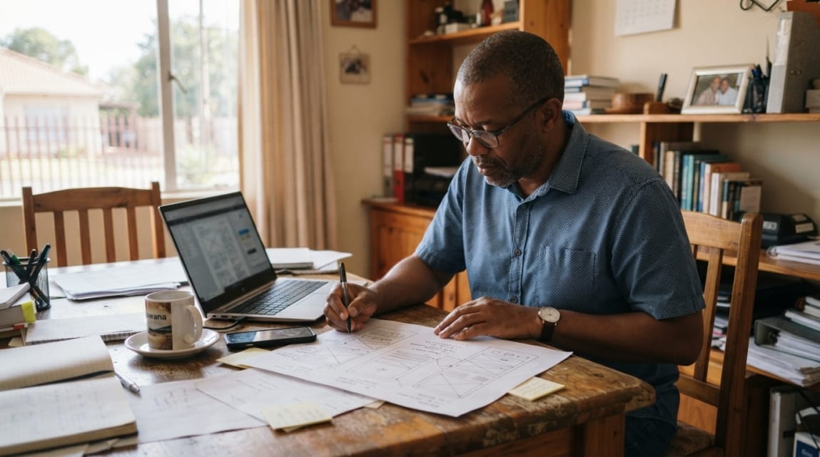 Botswana business owner reviewing a website draft with papers and a laptop on the table.
