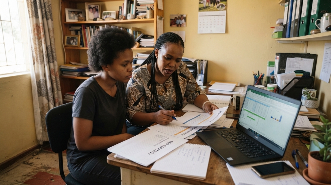 Two business owners in Botswana discussing SEO investment plans with documents and a laptop.