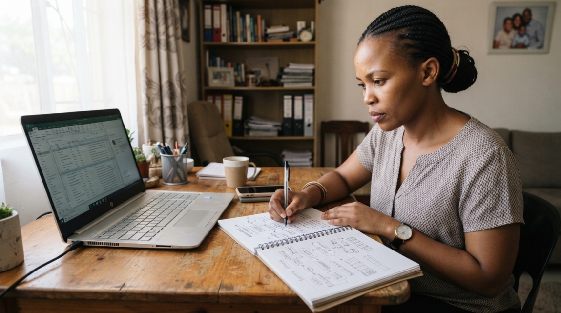 Business owner planning tasks for a monthly SEO retainer with a laptop and a sketched flowchart on a notebook.