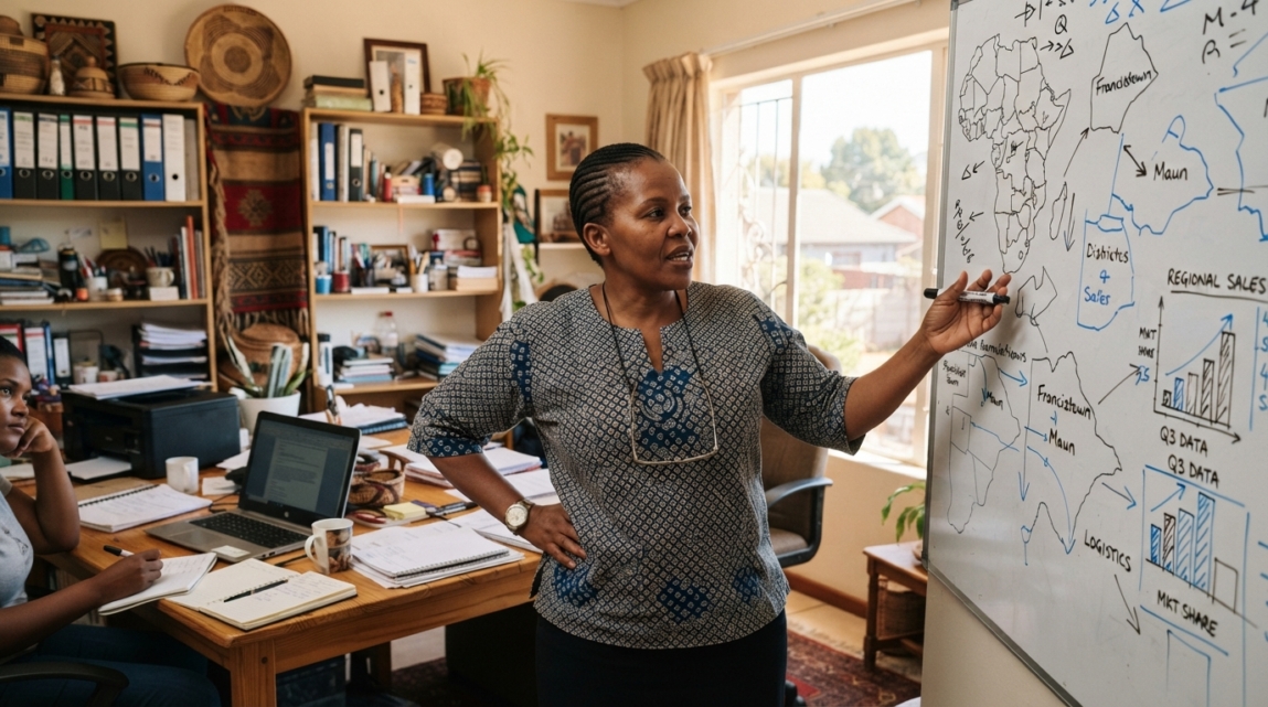 Business owner in Botswana analyzing local versus national SEO strategies with a whiteboard and market data.