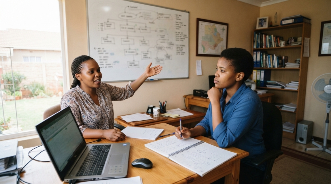 Two Botswana business colleagues discussing strategies with a whiteboard and laptop in their office.