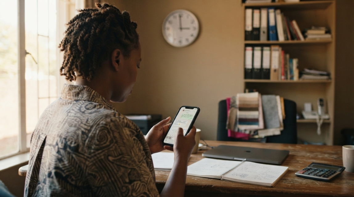 Botswana business owner holding a smartphone, ready to follow up on a lead in an office setting.