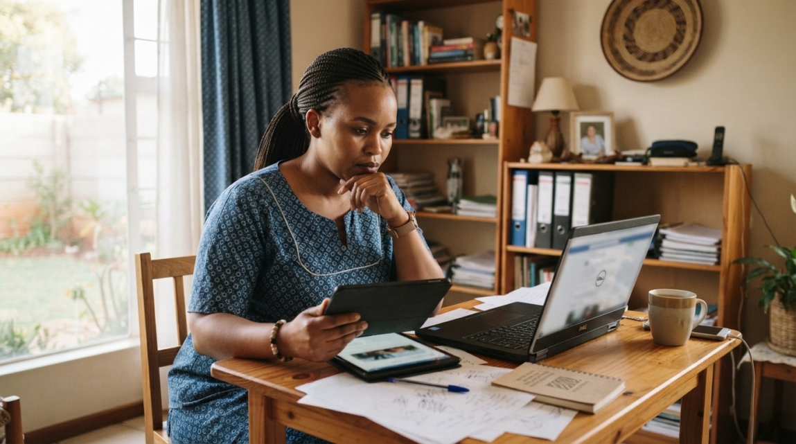 Botswana entrepreneur comparing digital pages on a tablet and laptop in a home office.