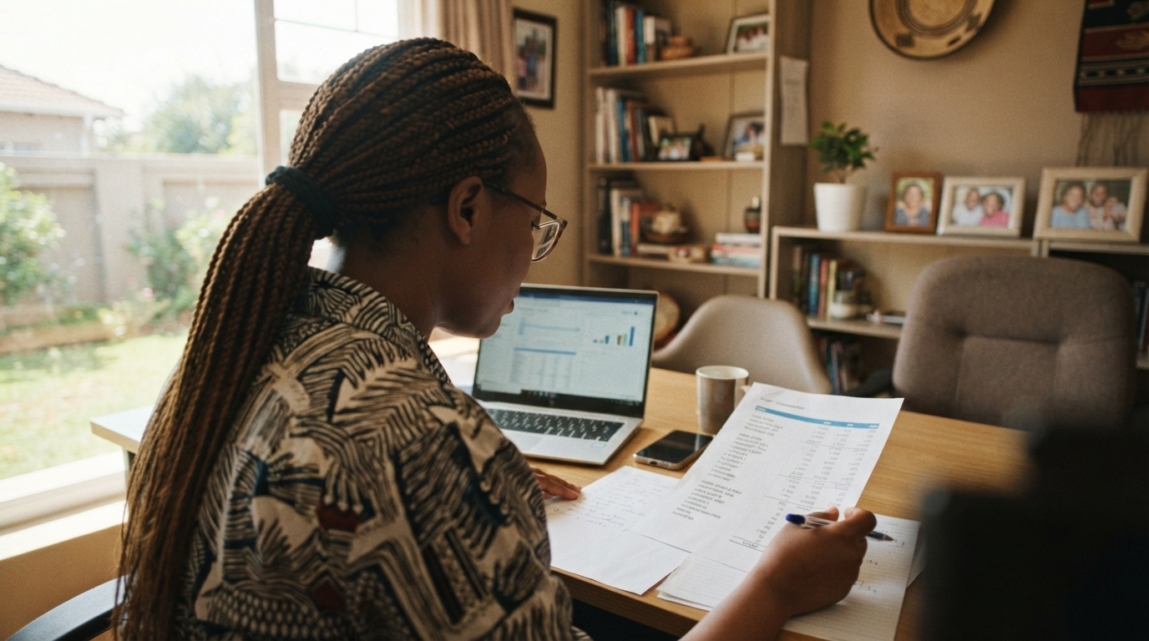Business owner reviewing budget documents beside a laptop in a Botswana office setup.