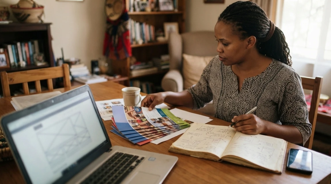 Botswana business owner planning website content at a desk with a laptop and printed materials.