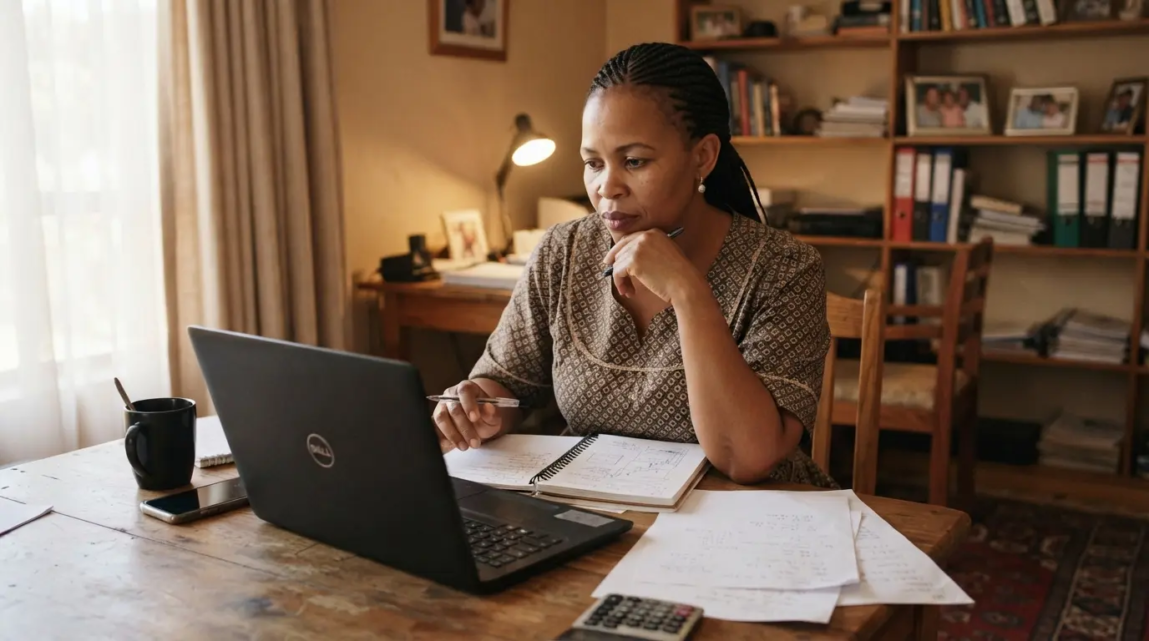 A Botswana business owner at a desk evaluating notes and a laptop to decide on website structure.