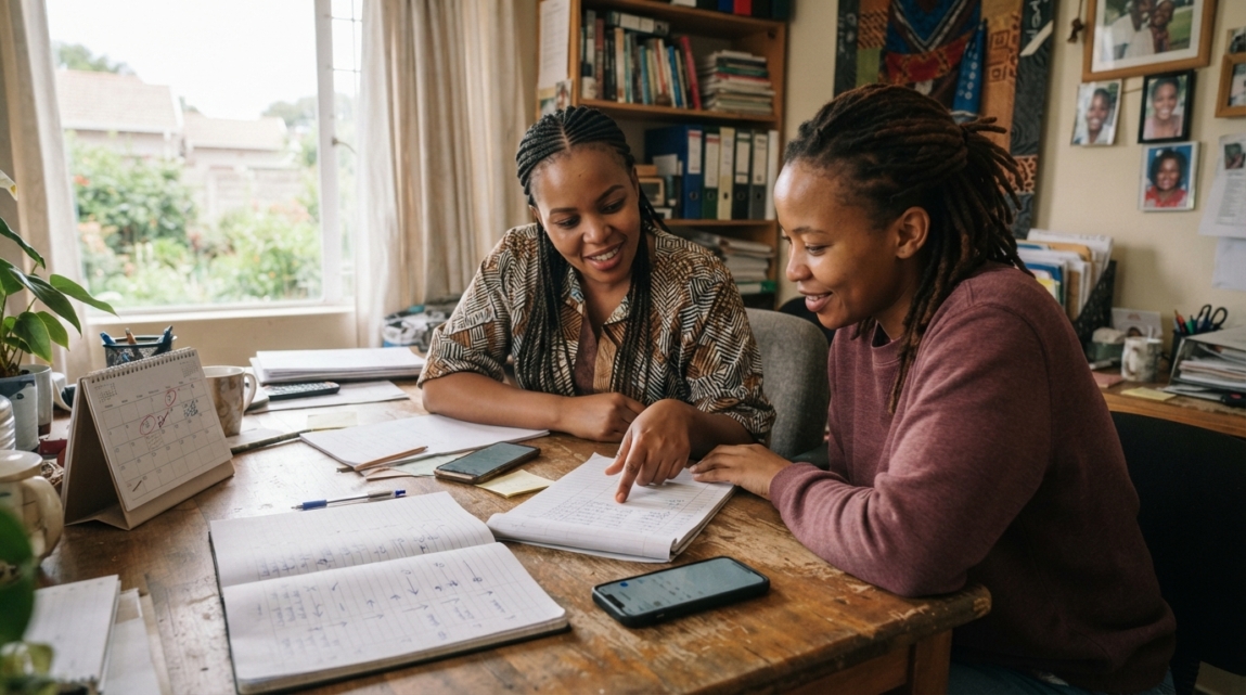 Two colleagues discussing lead tracking and follow-up for a Facebook ad campaign in a Botswana office.