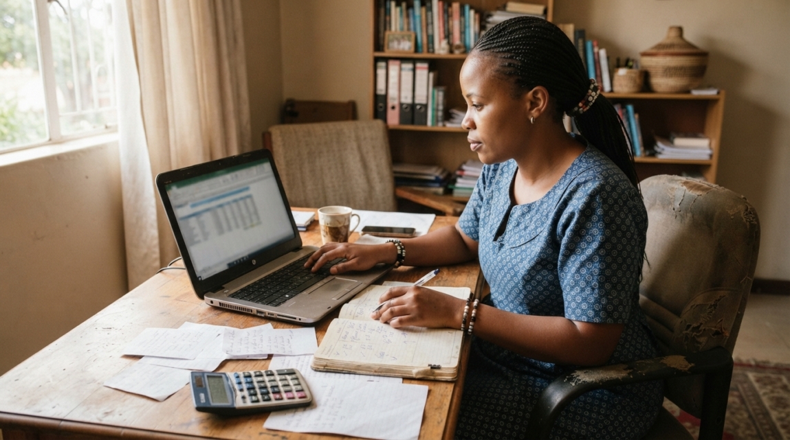 Business owner using a laptop to compare daily and lifetime budget settings for Facebook ads in a Botswana office.