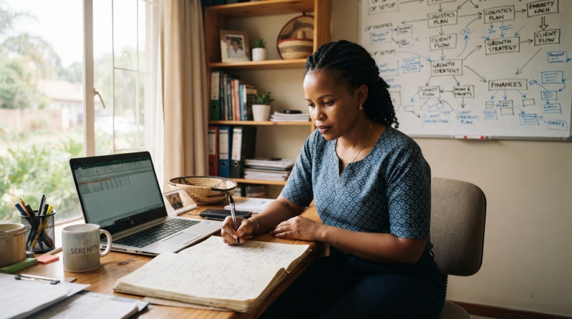 Botswana business owner mapping workflows on a whiteboard with a laptop and notes.