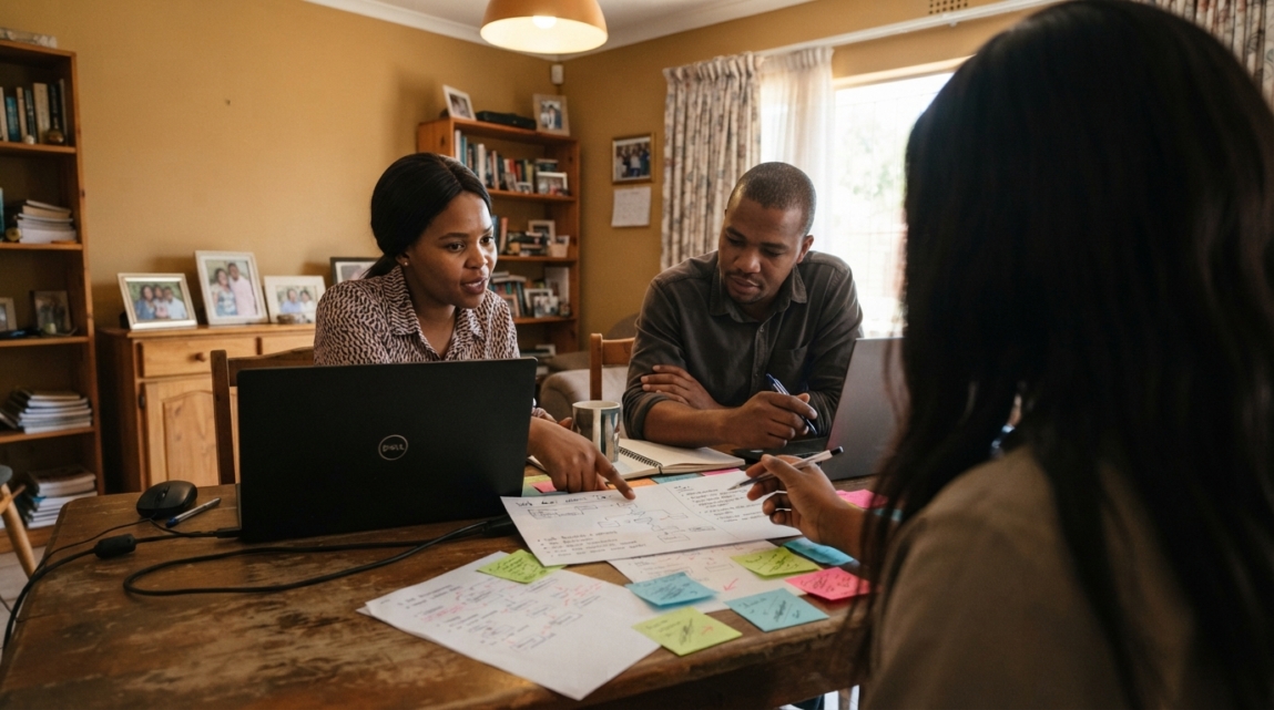 Colleagues in Botswana comparing printouts of web development options at a desk.