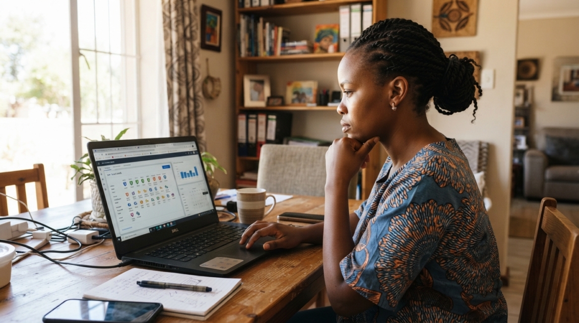 Botswana entrepreneur reviewing different user roles and access levels on a laptop.