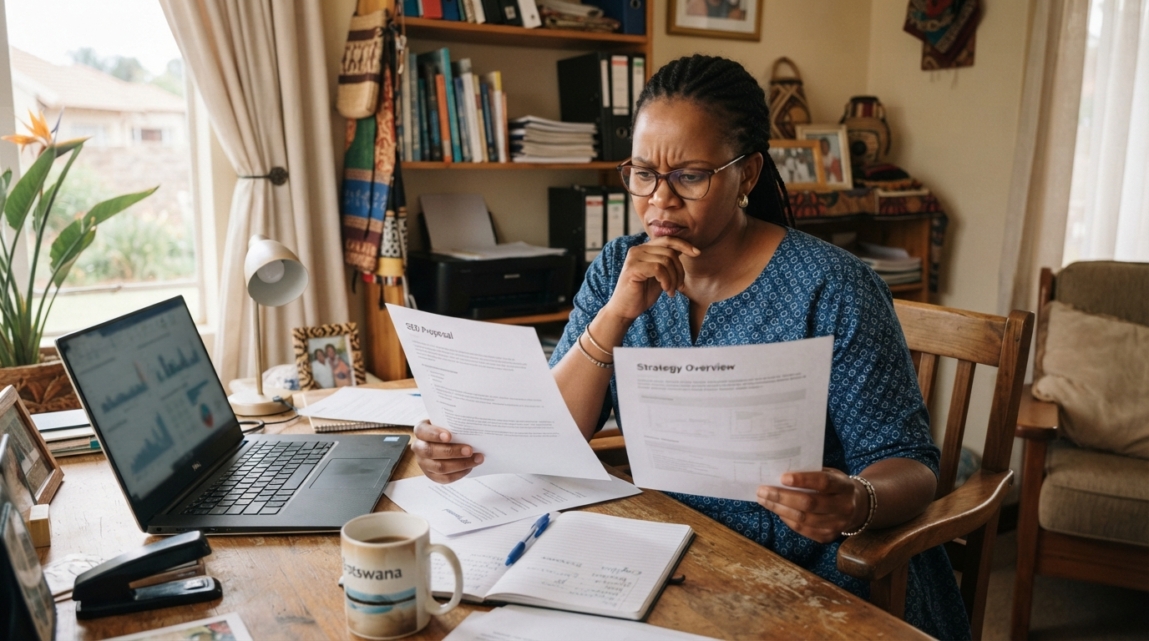Botswana business owner comparing printed SEO proposals at a desk.