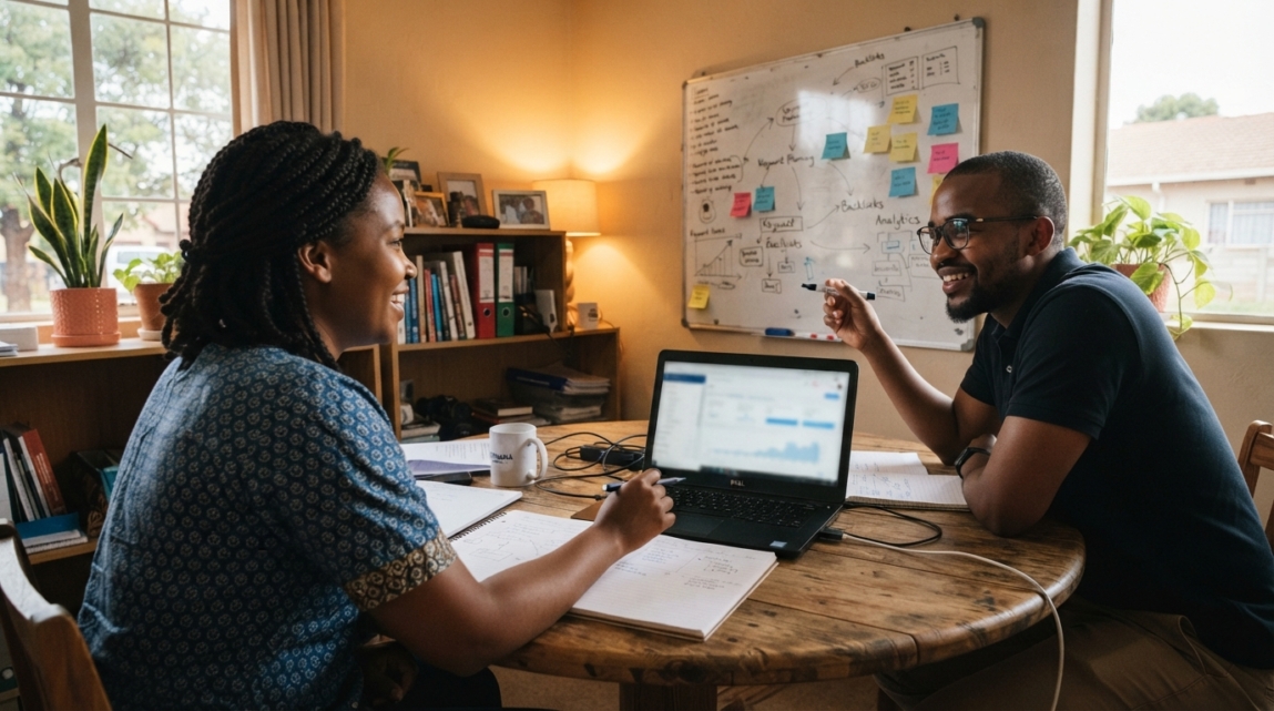 Two Botswana colleagues discussing ongoing SEO strategies with a laptop and a whiteboard.