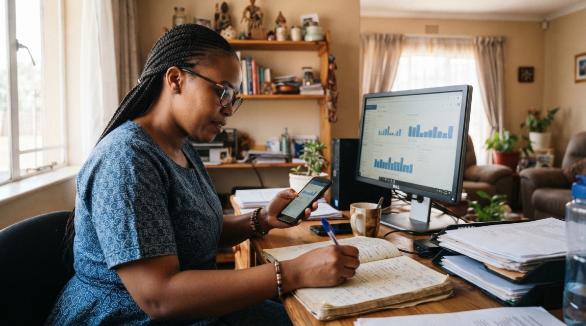 Botswana entrepreneur reviewing SEO performance with a smartphone and a notebook beside a desktop monitor.