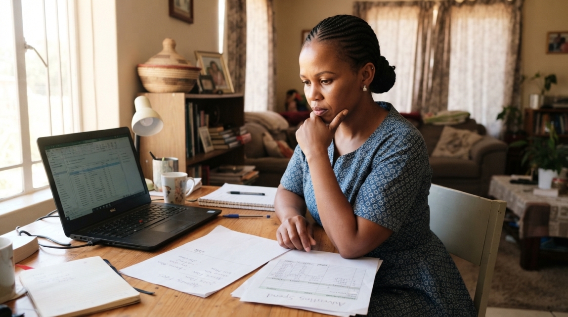 A Botswana business owner comparing agency fees and advertising spend at a desk with documents and a laptop.