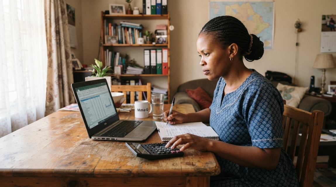A Botswana entrepreneur calculating marketing costs with a calculator, notepad, and laptop at a small table.