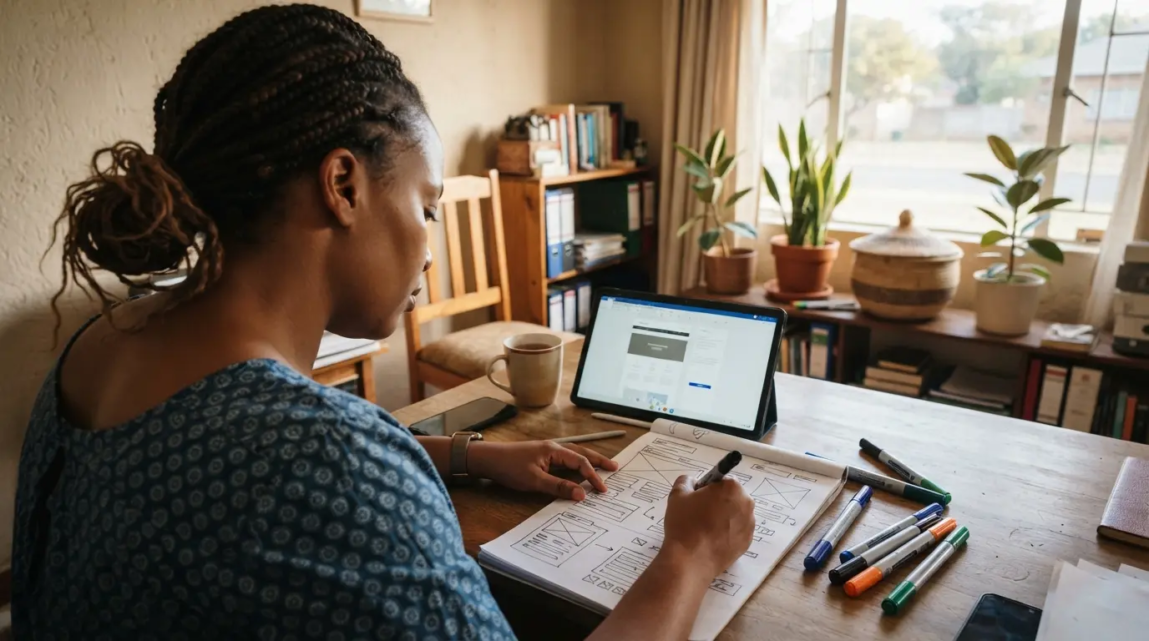 A Botswana entrepreneur sketching a new multi-page website structure on paper at a desk.