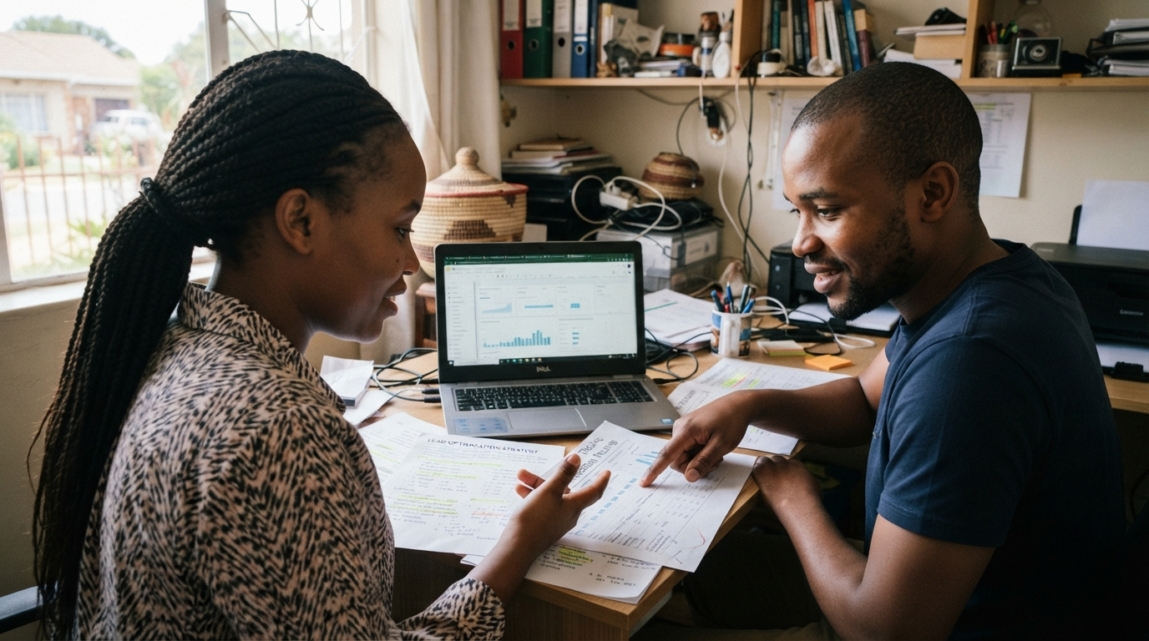 Two Botswana colleagues discussing conversion tracking and lead optimization with a laptop at a desk.