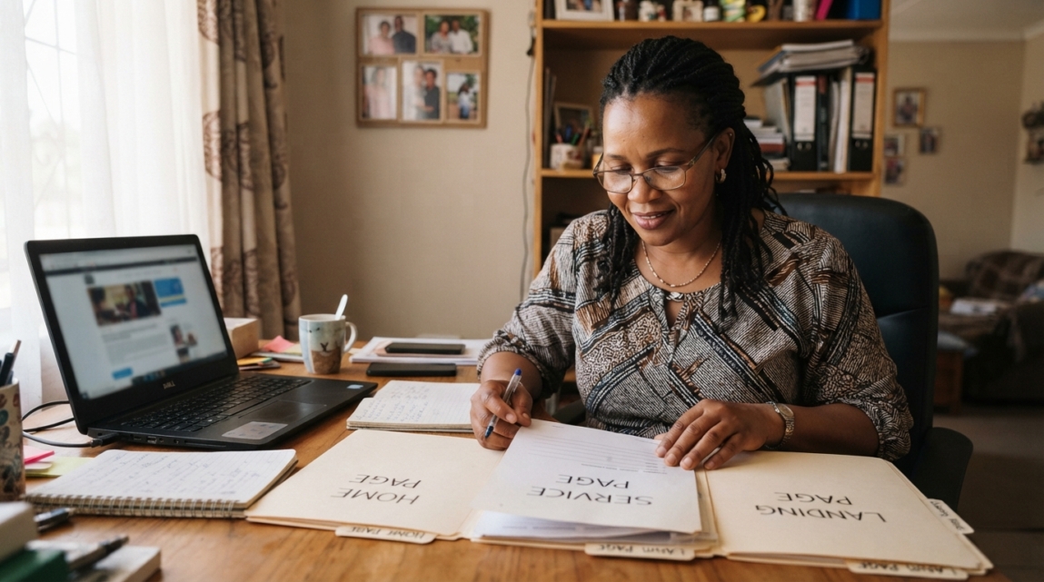 Botswana business owner comparing folders labeled 'Home Page', 'Service Page', and 'Landing Page' at a desk.